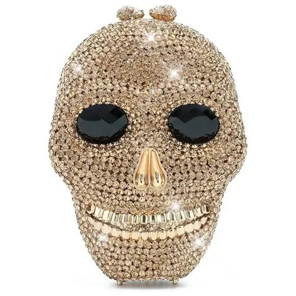 NWT Sparkling Bling Crystal Rhinestone Skull Clutch Purse Silver Gold +G… - Picture 10 of 11